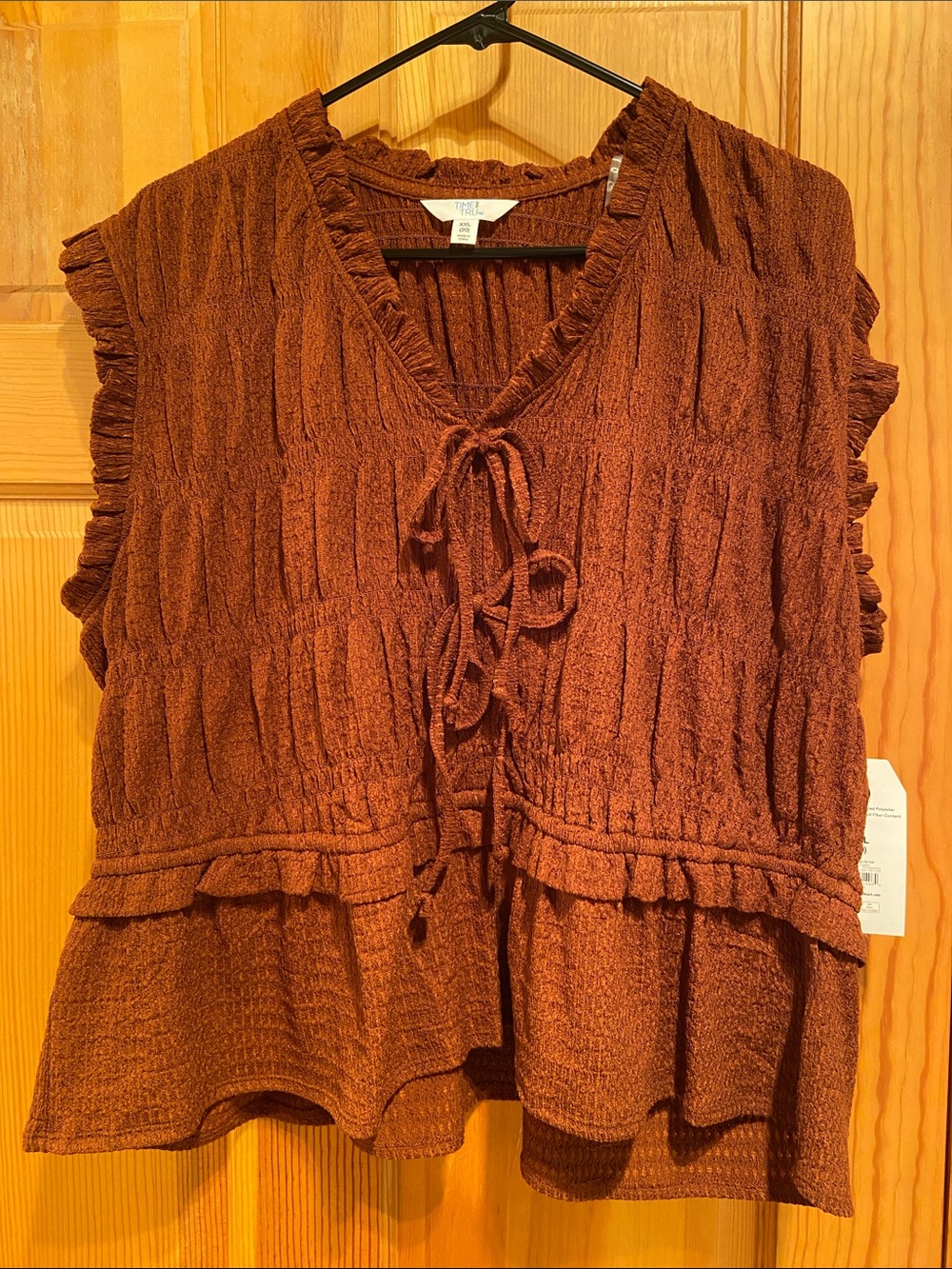 Time and Tru Rust Brown Ruffle Tie-Front Sleeveless Blouse